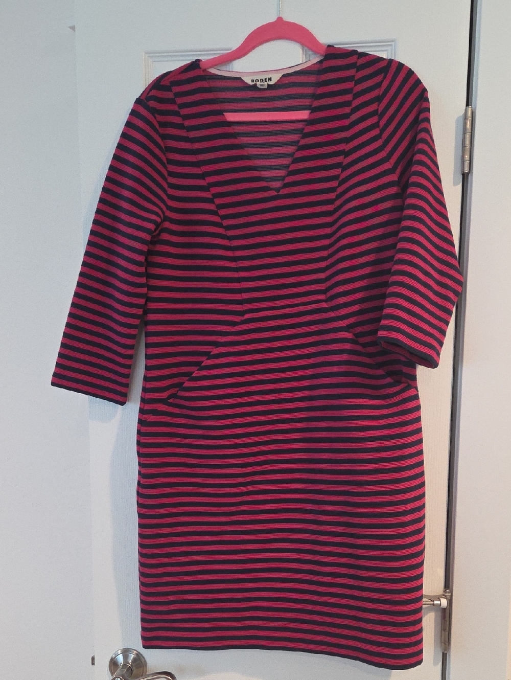 Boden Pink and Black Striped V-Neck Long Sleeve Dress
